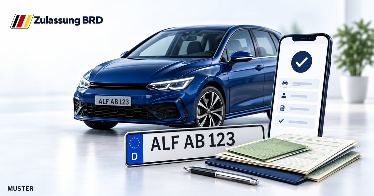 Online Fahrzeugzulassung in Alfeld (Leine): Musterkennzeichen ALF AB 123, Auto und Fahrzeugpapiere und Smartphone. Illustration mit Logo von Zulassung BRD.